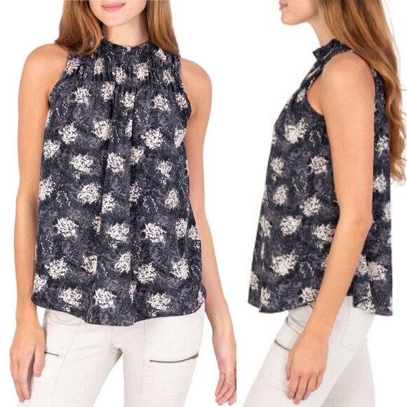 Joie Baltic Print Silky Sleeveless Keyhole Back Floral Top Smocked - Picture 1 of 8